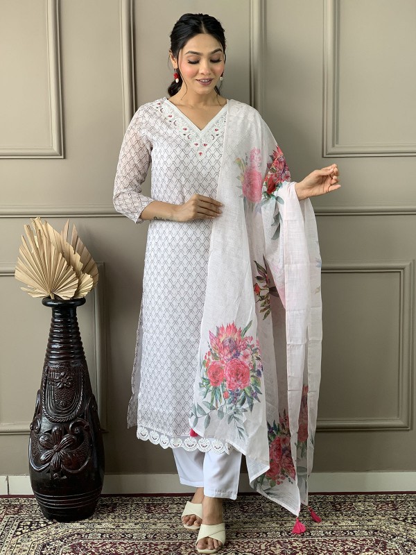 White Linen Cotton Readymade Kurti